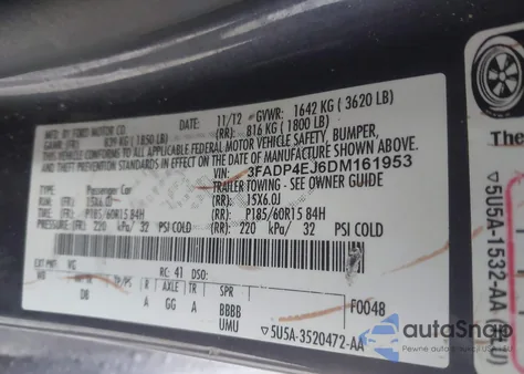 2013 Ford Fiesta Se из США, поврежденный, VIN 3FADP4EJ6DM161953